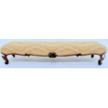 Victorian stained oak framed upholstered footstool on cabriole supports, 23cm high x 117cm wide x