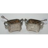 A pair of Chinese export silver salts, rectangular shape with dragon decoration Condition Report: