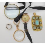 A retro pendant, snake topped magnifying glass and a 9ct ladies vintage watch etc Condition