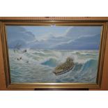 M BENSLEY Life boat going out, signed, oil on canvas, 60 x 90cm and two others (3) Condition Report: