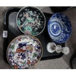 A lot comprising a Chinese Famille Noir bowl, an Amherst Japan pattern bowl, a blue and white