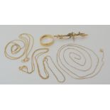 A collection of 9ct gold, a wedding ring size O1/2, a rope chain length 50cm, a trace chain 45cm,