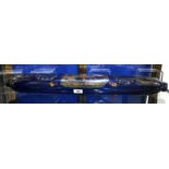 An oversized Bristol blue glass 'Mariners' rolling pin, early 19th century, with gilt printed