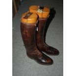 A pair of vintage brown leather boots, 29.5cm long, large Gladstone leather bag and small ammunition