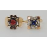 A 9ct garnet retro ring, size Q, together with a blue gem and diamond ring size S1/2, weight