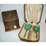 A painted stationary box, 19cm wide, cased enamel brush set (2) Condition Report: Available upon