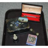 A tray lot including mother of pearl inlaid box, Sheaffer fountain pen, Eton buttons etc Condition