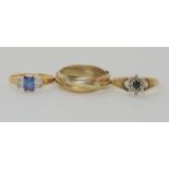 A 9ct three colour gold Russian wedding ring size T, A retro diamond accent and sapphire flower ring