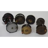 Seven various reels comprising ebonite and brass 4in with nickel rim, 3in brass plate wind with horn