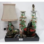 A cloisonne pot, dish and match box holder, a Kutani bottle vase, a Fo dog, a pair of leaf decorated