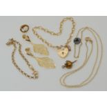 A 9ct fancy link bracelet with heart shaped clasp, leaf earrings, and other items of 9ct and