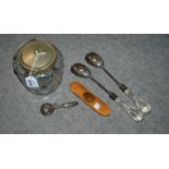 A biscuit barrel, salad servers and a Mauchline ware spectacle case Condition Report: Available upon