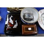 A Japanese lacquer jewellery box inlaid with mother of pearl Koi, another Chinese box, a