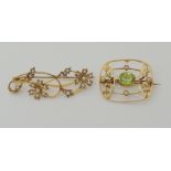 A 15ct gold peridot and pearl brooch, weight 301gms, together with a 9ct gold pearl set flower