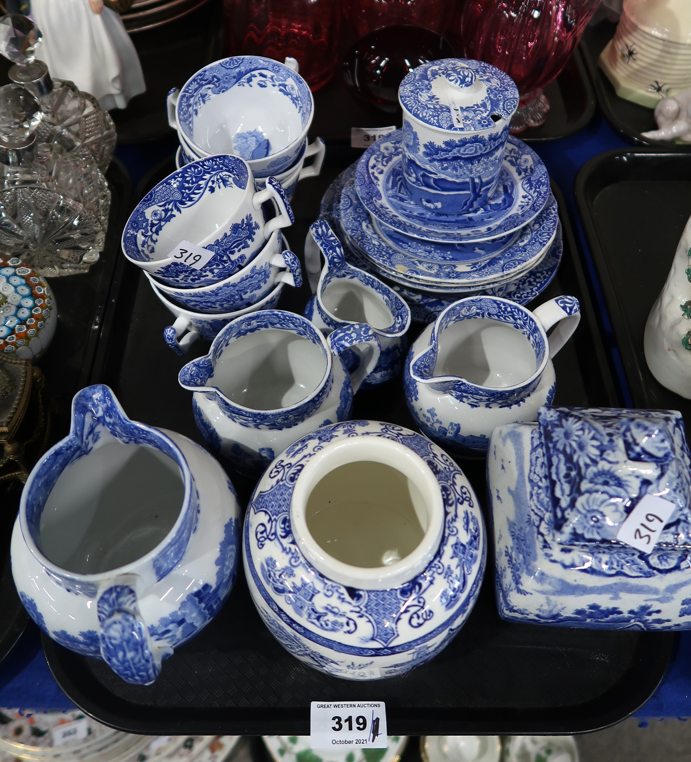 An assortment of blue and white transfer printed wares including Spode & Copeland Spode Italian