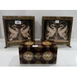 A pair of pottery and metal framed boxes decorated with swans and a oriental mother of pearl