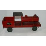 Two vintage wooden models, locomotive and truck with building blocks (af), 50cm long and smaller (2)