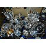 Two tray lots of EP, tea service with kettle, muffin dish, entree dish etc Condition Report: