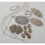 A collection of vintage diamante items, Indian white metal buckle and buttons etc Condition