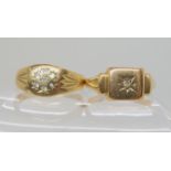 A 9ct gold diamond set signet ring size O1/2, and a cz set flower ring size S1/2, weight 6gms