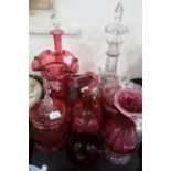 A selection of cranberry glass including a Mary Gregory style vase hand painted by S. Stephens,