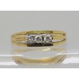 A 14k gold retro three stone diamond ring, set with estimated approx 0.15cts of brilliant cut
