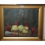 JOHN WATSON Mixed roses, vase and fan, signed, oil on canvas, 50 x 60cm Condition Report: