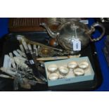 A tray lot of EP teapot, mother of pearl handled cutlery etc Condition Report: Available upon