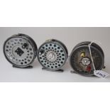 A Hardy Silex 3 1/4in casting reel, Hardy Lightweight 3 1/8in fly reel and a Hardy Viscount 3 1.2in.