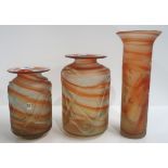 Three Mdina glass vases each with matt surface and banded orange colourway Condition Report: