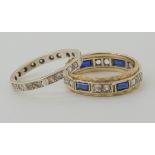 A 9ct white gold, clear gem set eternity ring size O (two gems missing) together with a blue and