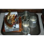 A tray lot pewter tankards, loose cutlery Condition Report: Available upon request