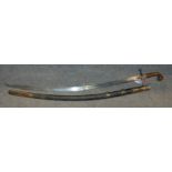 A middle-eastern sword with curved blade in leather scabbard, blade 85cm, overall 99cm Condition