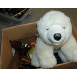 A box of miscellaneous including various cameras, soft toys etc Condition Report: Available upon