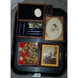 A painted miniature in easel folding case, various military buttons etc Condition Report: