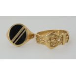 A 9ct buckle ring size W, and an onyx signet ring size S1/2, weight 7.5gms Condition Report: