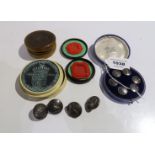 A lot comprising a cased set of livery buttons, the Douglas family seals, a Portuguese patch box & a