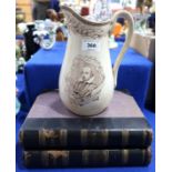 A pottery jug commemorating Shakespeare, with makers mark T F & Co and two volumes of Shakespeare'