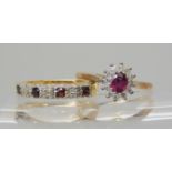 A 9ct ruby and diamond cluster ring, ruby approx 5mm x 4mm finger size N, together with a 9ct ruby