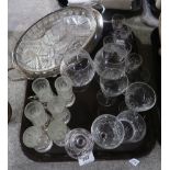 A lot comprising a silver plate and glass serving tray & drinking glasses, other assorted cut
