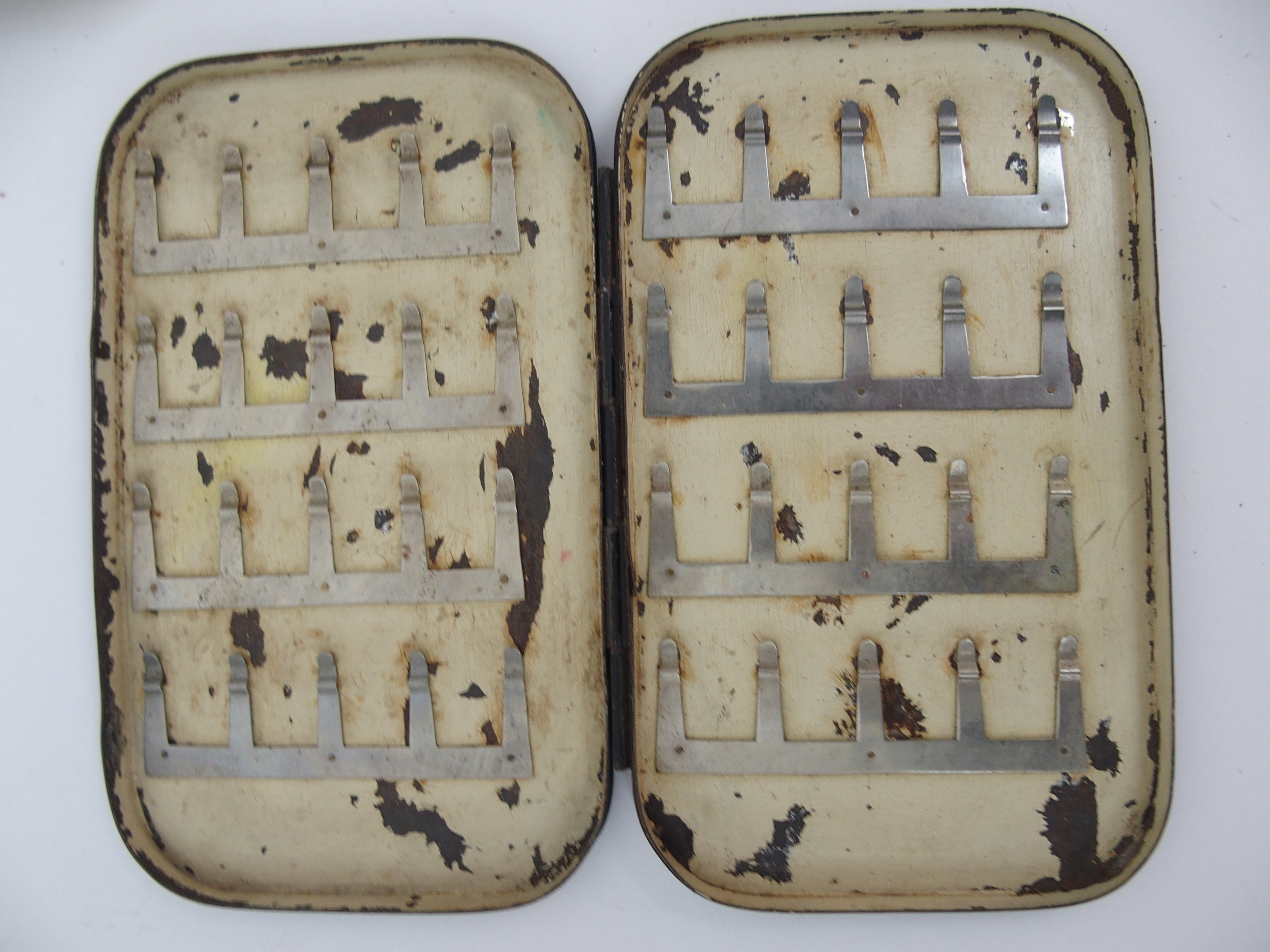 A Wheatley alloy fly case with spring loaded compartments with trout flies, Malloch's Patent - Image 4 of 6