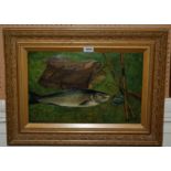 JAMES LYLE Fish and tackle, signed, oil on canvas, dated, 1903, 30 x 45cm and a print (2)