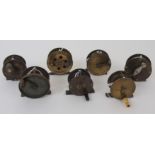 Seven various brass reels comprising 2in crank wind with horn handle, 2 1/2in centre pin