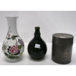 A Chinese bottle vase, a pewter tea caddy and a French green glazed vase Condition Report: Available