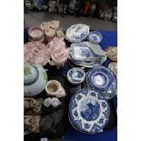 A Johnson Bros Old Britain Castles teaset in pink and white and assorted blue and white transfer