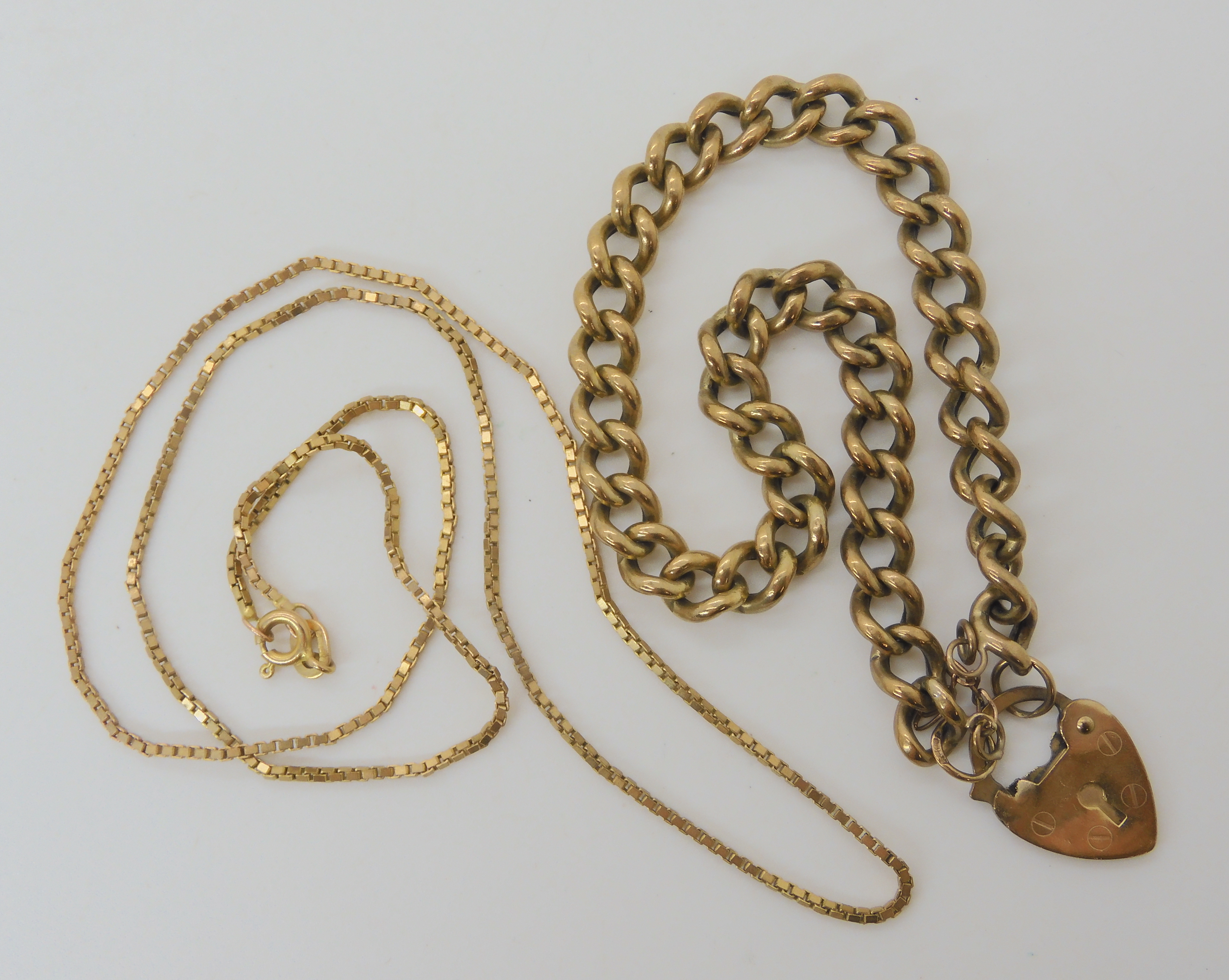 A 9ct gold curb chain bracelet and a 9ct gold box chain length 44cm, weight combined 12.7gms