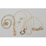 Two 18ct gold Arabic name pendant necklaces, and a JS initials pendant and box chain length 48cm,