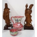 A pair of Chinese carved wooden figures, a Maling jug and small bowl Condition Report: Available