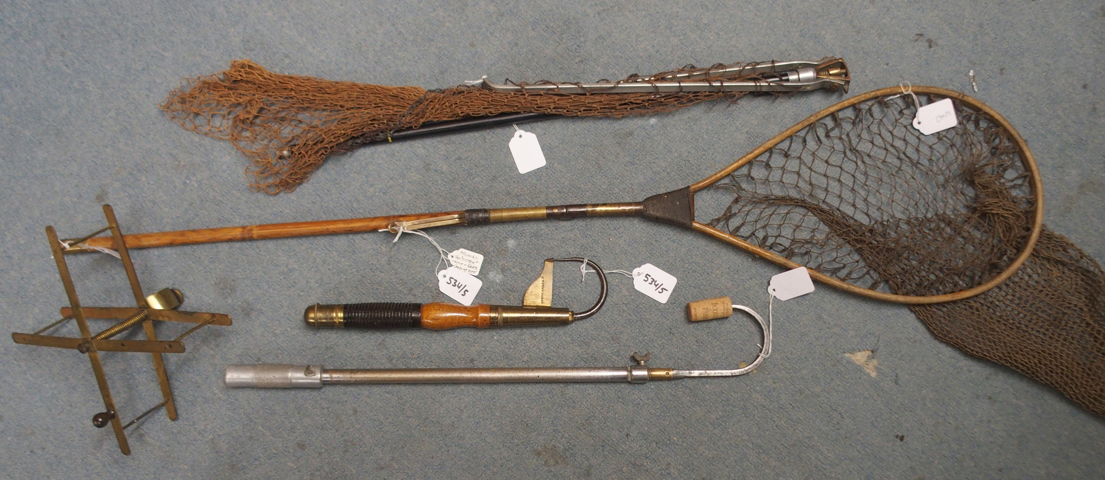 Allcocks "The Otter" cane and brass landing net, J.T. Cunningham brass extending gaff, another alloy