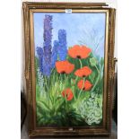 JUNE CLAYTON Poppies, signed, oil on board, 77 x 46cm, ROSINI Flowers, oil on board,48 x 15cm and